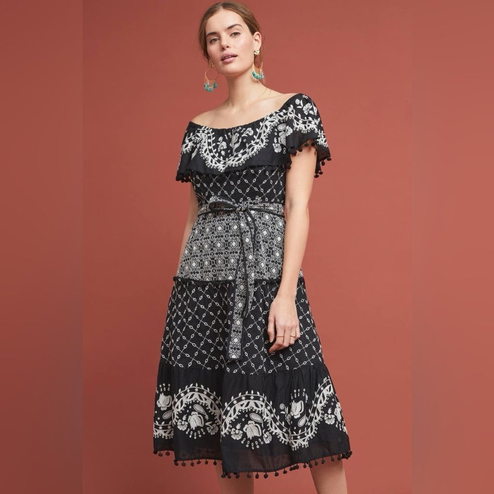 By Anthropologie Size 4 Marisol Off The Shoulder Embroidered Boho Midi Dress - Picture 2 of 16